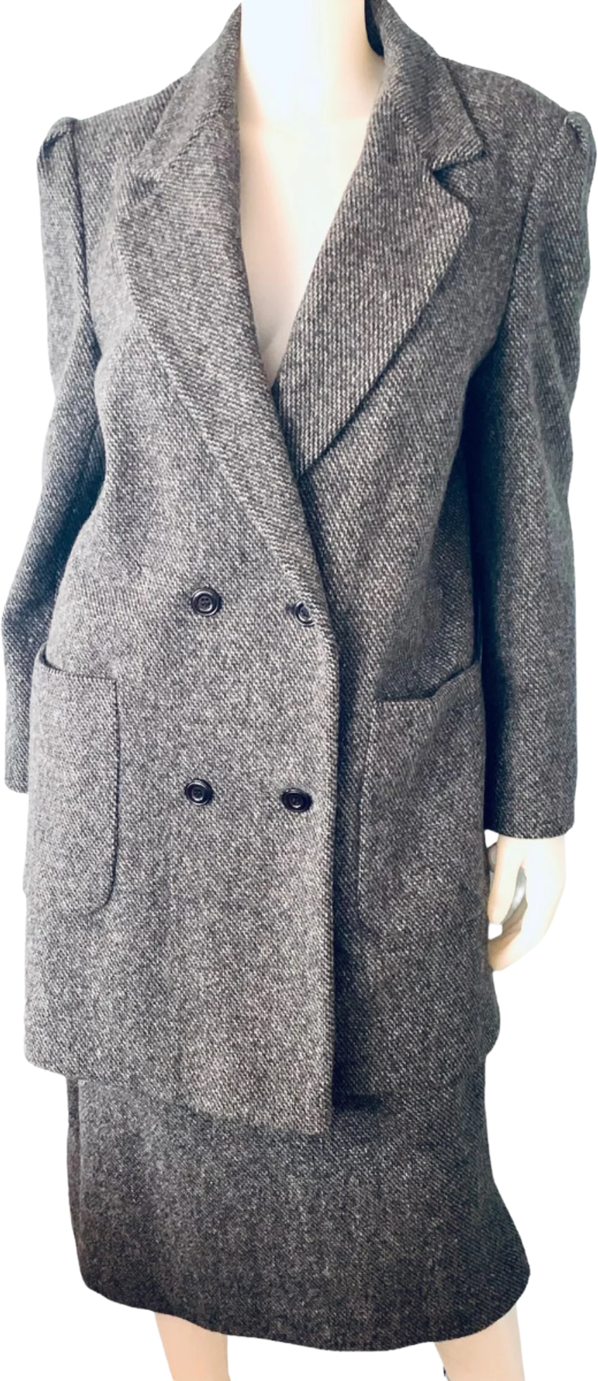 Vintage 80s Wool Tweed Coat Skirt Suit Size 14 Fits 10 Navy Gray A-Line Career