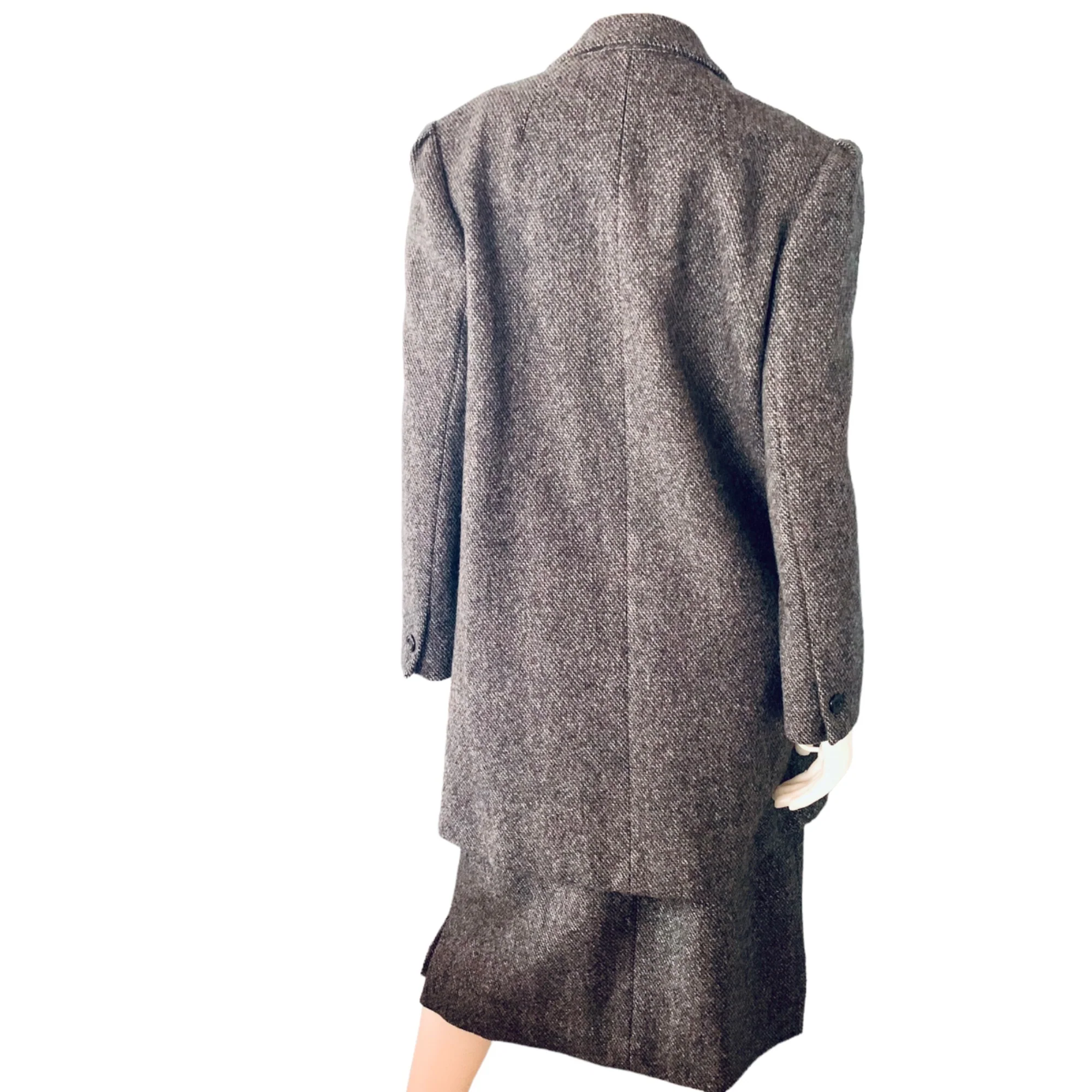 Vintage 80s Wool Tweed Coat Skirt Suit Size 14 Fits 10 Navy Gray A-Line Career - Image 2