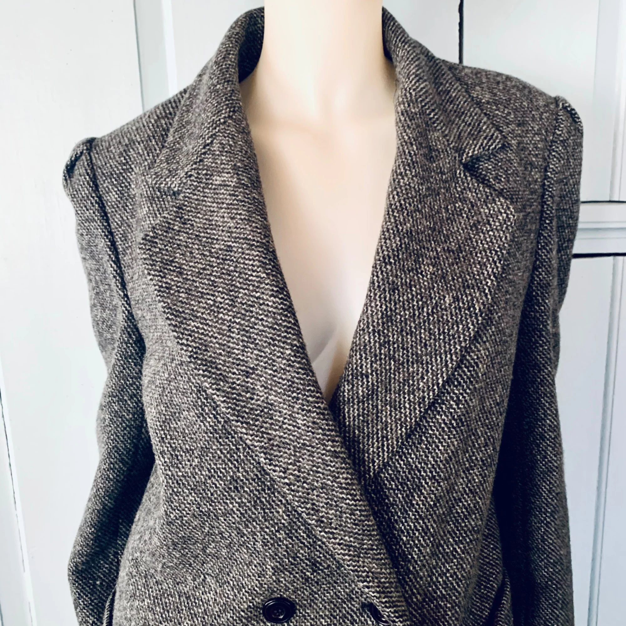 Vintage 80s Wool Tweed Coat Skirt Suit Size 14 Fits 10 Navy Gray A-Line Career - Image 7