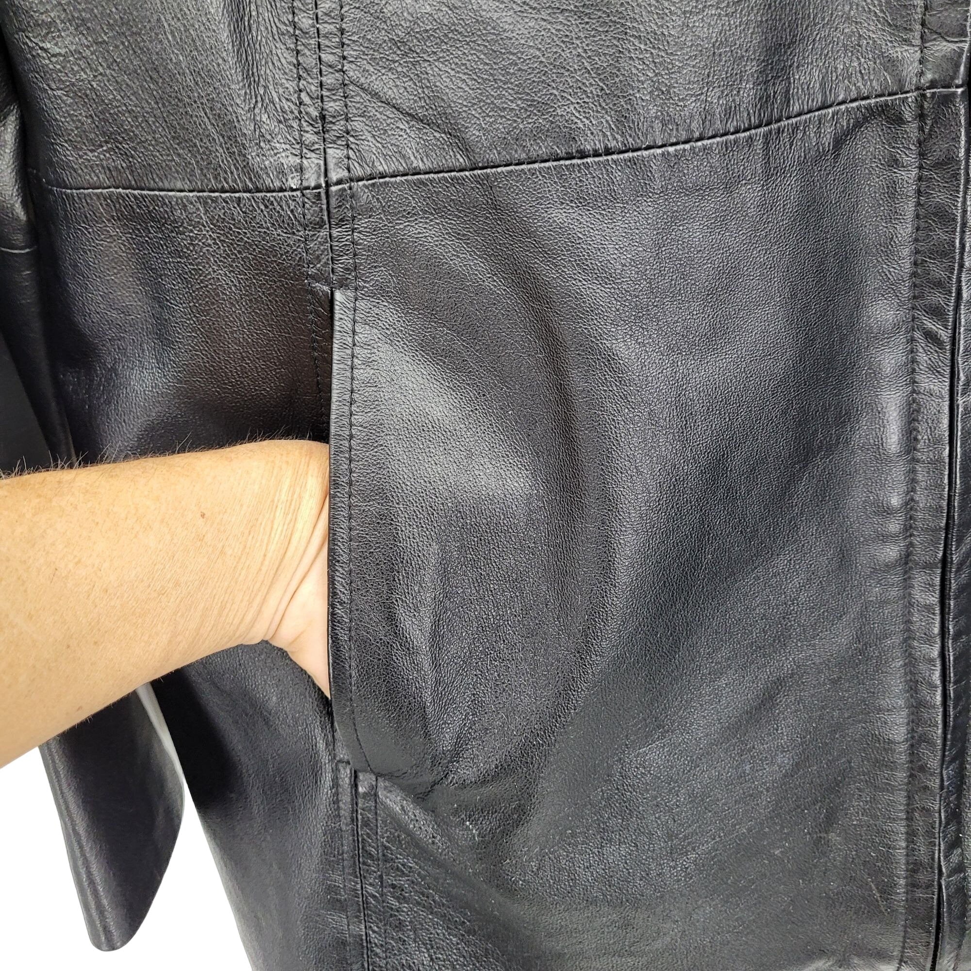 Vintage 80s Worthington Leather Jacket Moto Biker Long Zip Up Pockets Black Xl by Worthington - Image 4