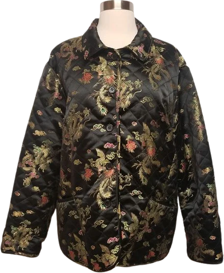 Vintage 90s 00s Black Cheongsam Brocade Dragon Peacock Embroidered Jacket 1x by John Paul Richard