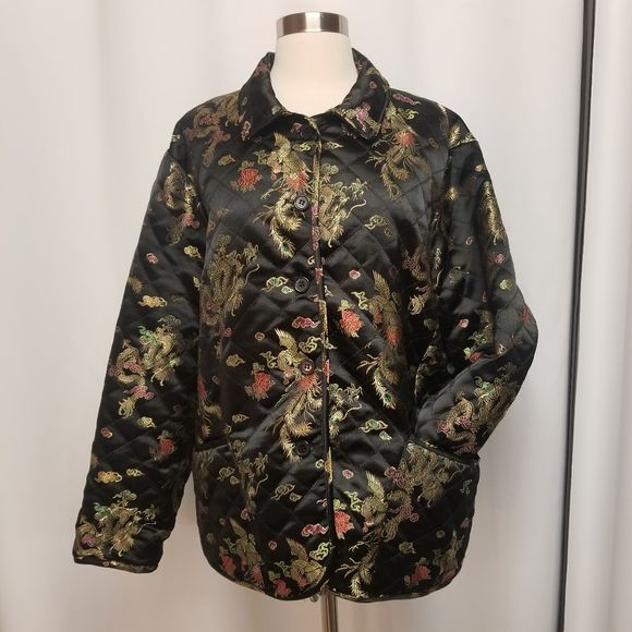 Vintage 90s 00s Black Cheongsam Brocade Dragon Peacock Embroidered Jacket 1x by John Paul Richard - Image 3