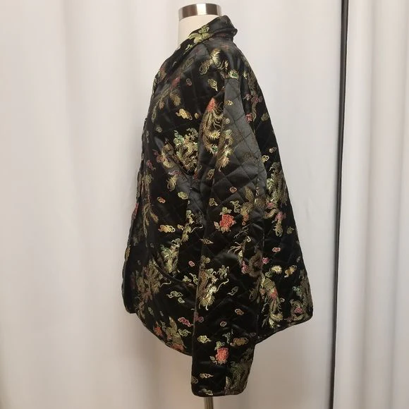 Vintage 90s 00s Black Cheongsam Brocade Dragon Peacock Embroidered Jacket 1x by John Paul Richard - Image 4