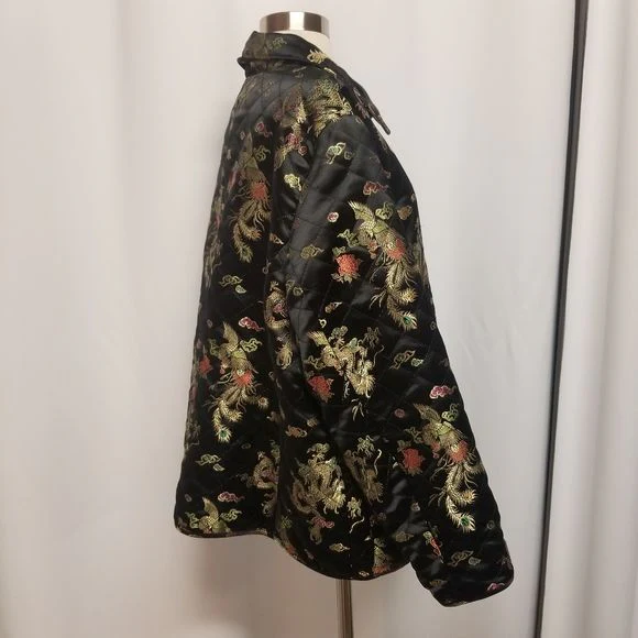 Vintage 90s 00s Black Cheongsam Brocade Dragon Peacock Embroidered Jacket 1x by John Paul Richard - Image 6