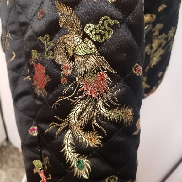 Vintage 90s 00s Black Cheongsam Brocade Dragon Peacock Embroidered Jacket 1x by John Paul Richard - Image 7