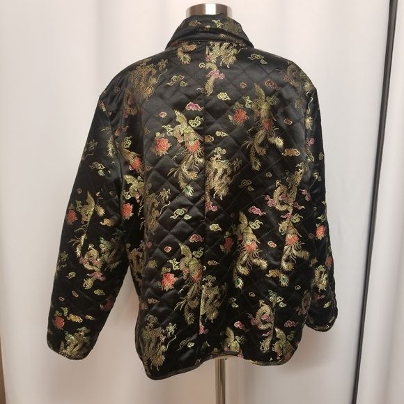 Vintage 90s 00s Black Cheongsam Brocade Dragon Peacock Embroidered Jacket 1x by John Paul Richard - Image 8
