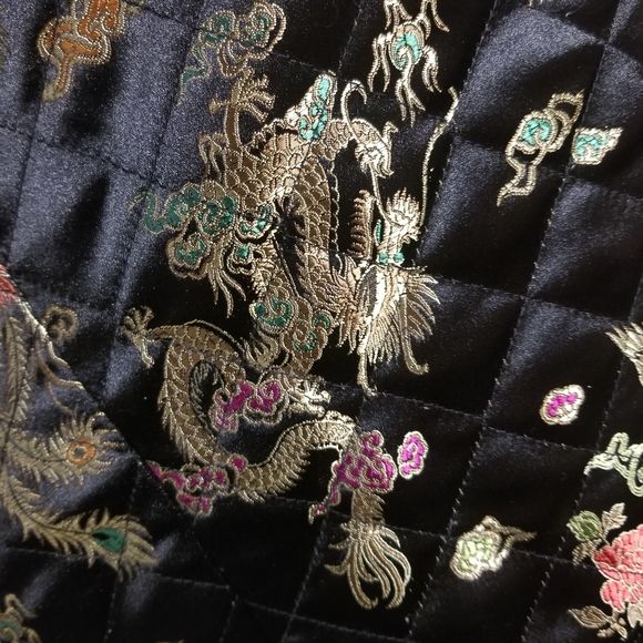 Vintage 90s 00s Black Cheongsam Brocade Dragon Peacock Embroidered Jacket 1x by John Paul Richard - Image 9