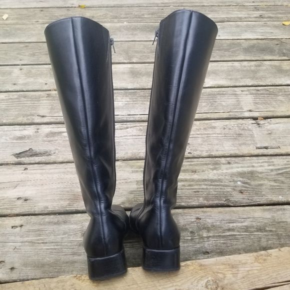 Vintage 90s 00s Black Leather Chunky Block Heel Square Toe Tall Boots by White Mountain - Image 5