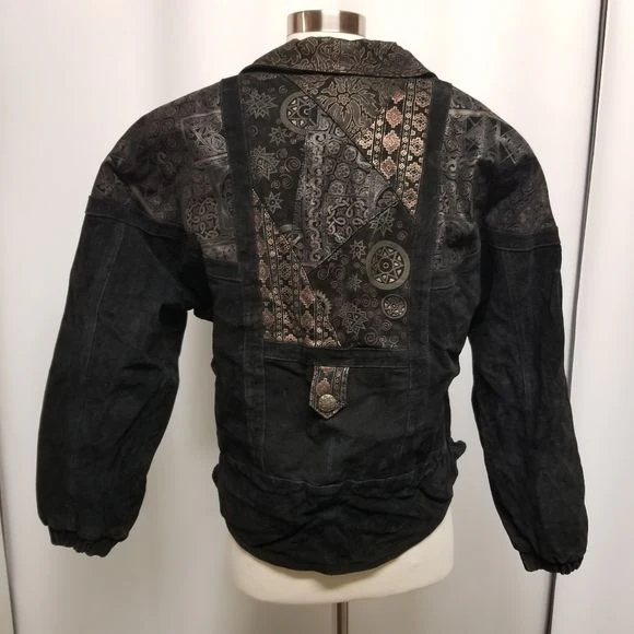 Vintage 90s 00s Black Suede Leather Southwestern Geometrical Bomber Jacket Sm by Winlit - Image 2