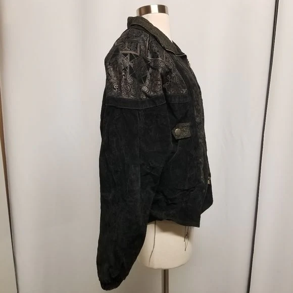 Vintage 90s 00s Black Suede Leather Southwestern Geometrical Bomber Jacket Sm by Winlit - Image 3