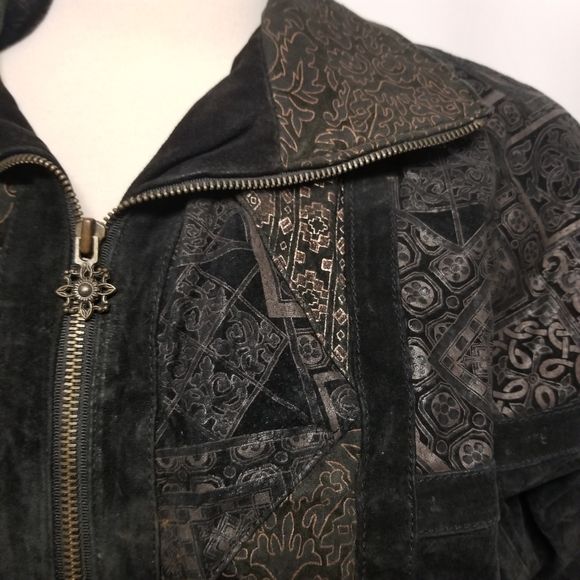 Vintage 90s 00s Black Suede Leather Southwestern Geometrical Bomber Jacket Sm by Winlit - Image 5