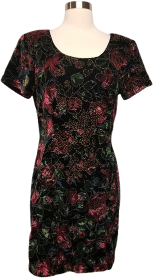 Vintage 90s 00s Black Velvet Gold Embossed Pink Blue Green Floral Goth Dress Md by Steppin' Out