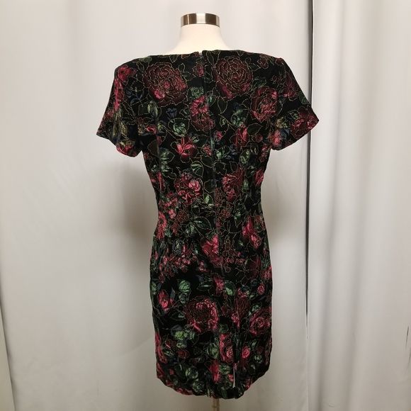 Vintage 90s 00s Black Velvet Gold Embossed Pink Blue Green Floral Goth Dress Md by Steppin' Out - Image 2