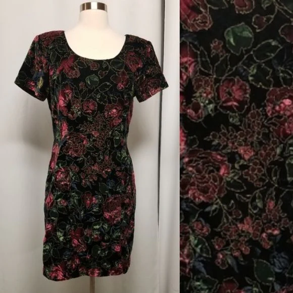 Vintage 90s 00s Black Velvet Gold Embossed Pink Blue Green Floral Goth Dress Md by Steppin' Out - Image 3