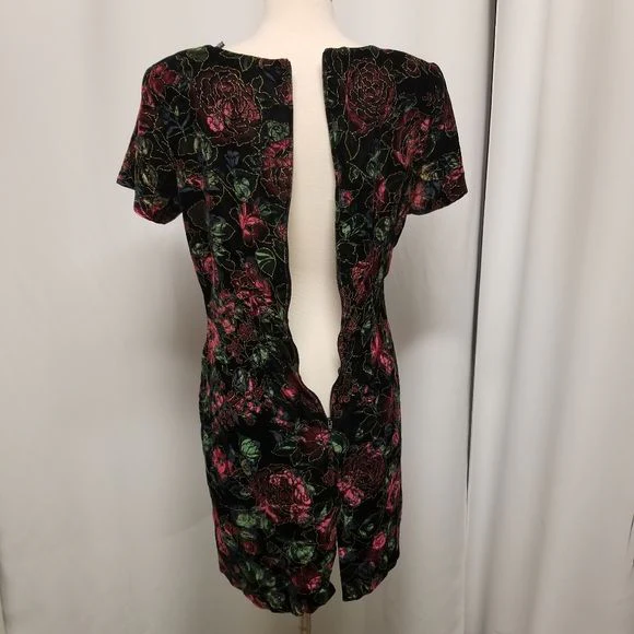Vintage 90s 00s Black Velvet Gold Embossed Pink Blue Green Floral Goth Dress Md by Steppin' Out - Image 4