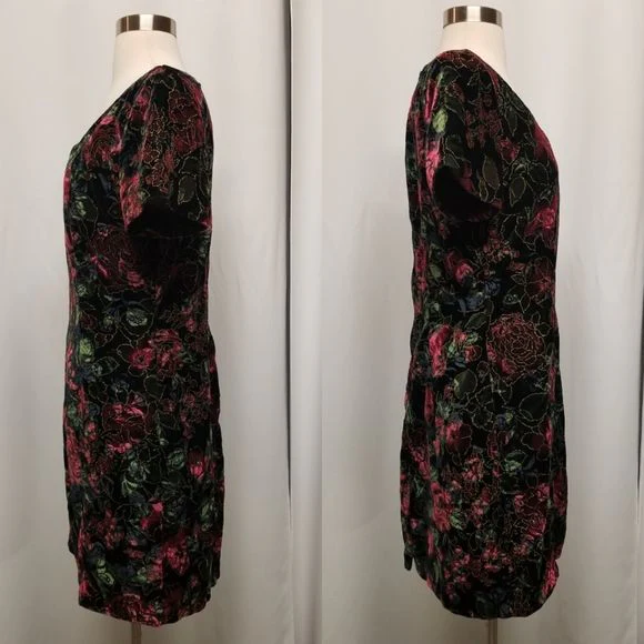 Vintage 90s 00s Black Velvet Gold Embossed Pink Blue Green Floral Goth Dress Md by Steppin' Out - Image 5