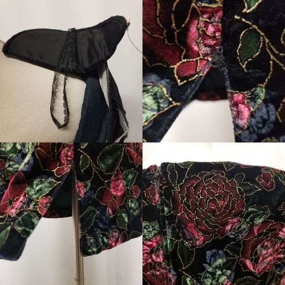 Vintage 90s 00s Black Velvet Gold Embossed Pink Blue Green Floral Goth Dress Md by Steppin' Out - Image 8