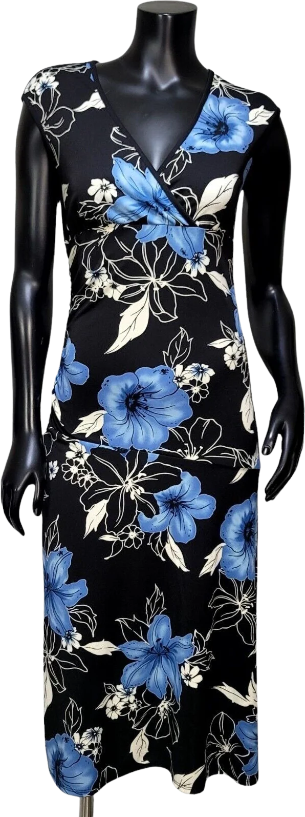 Vintage 90s 00s Byer Too! M Black Blue Floral Surplice Stretchy Asym Hem Dress by  Byer Too