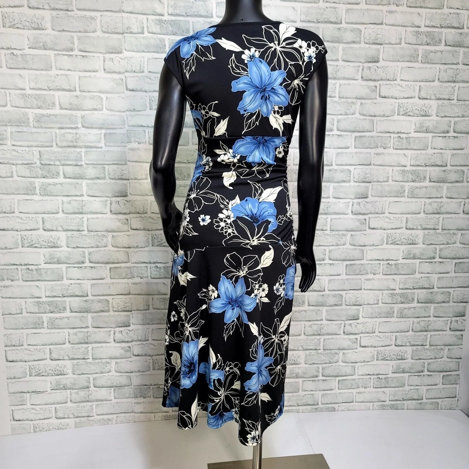 Vintage 90s 00s Byer Too! M Black Blue Floral Surplice Stretchy Asym Hem Dress by  Byer Too - Image 5