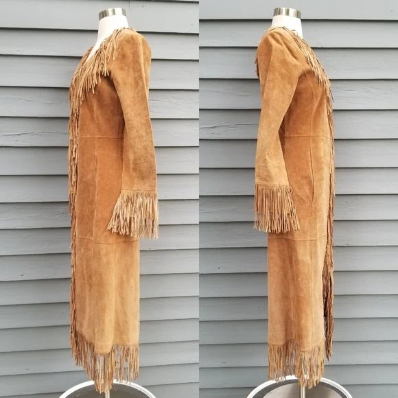 Vintage 90s 00s Camel Tan Suede Leather Fringe Penny Lane Trench Coat Xs by bebe - Image 2