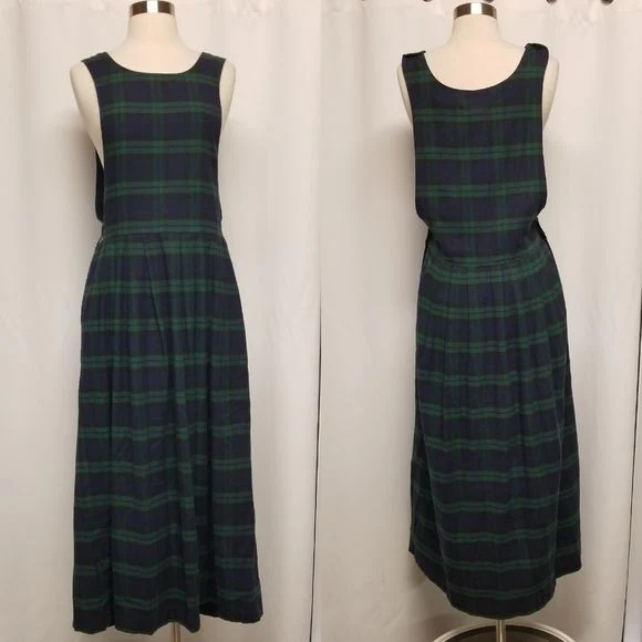 Vintage 90s 00s Dark Watch Plaid Cotton Flannel Homeschool Mom Jumper Dress Sm by Faith Mountain Company - Image 2