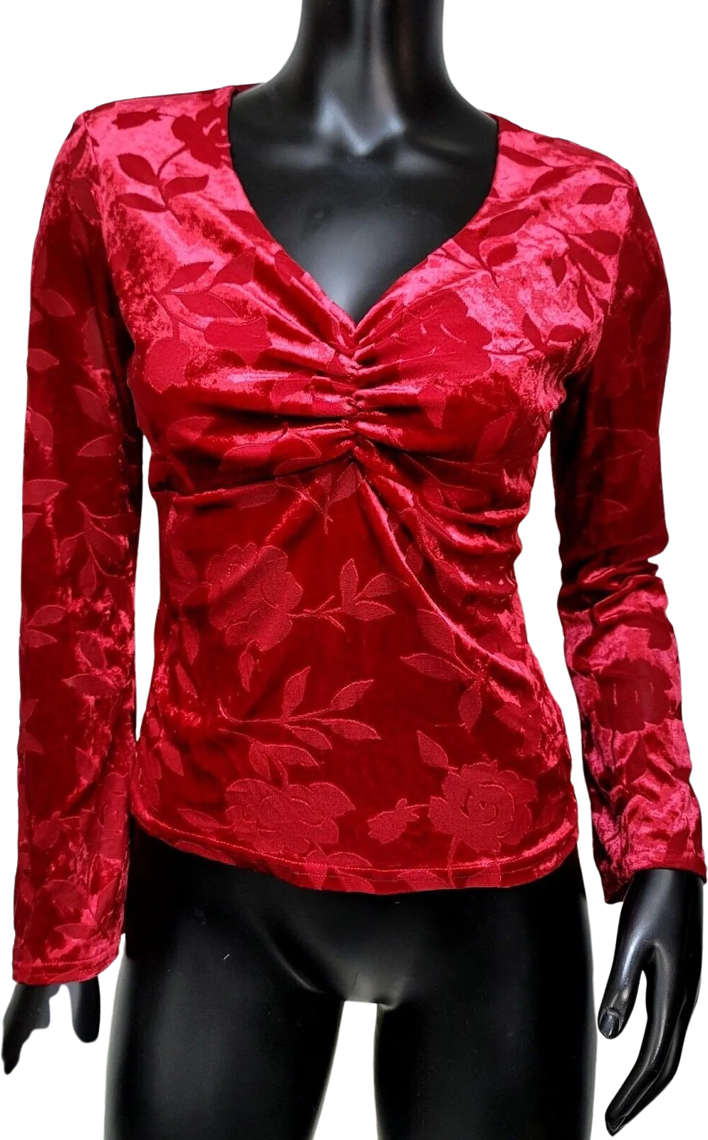 90s/00s Red Burnout Velvet Bell Sleeve Blouse By Great American Sportswear