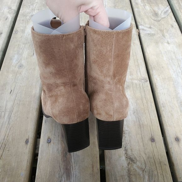 Vintage 90s 00s Square Toe Camel Chunky Heel Leather Ankle Boots Booties 7. 5 W - Image 6