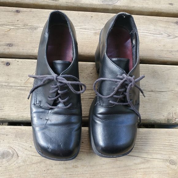 Vintage 90s 00s Square Toe Chunky Heel Black Faux Vegan Leather Oxfords by Predictions - Image 2