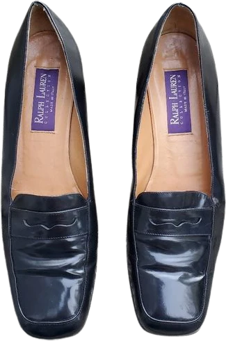 Vintage 90s 00s Square Toe Chunky Heel Black Leather Penny Loafers by Ralph Lauren