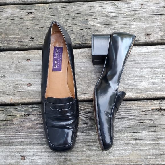 Vintage 90s 00s Square Toe Chunky Heel Black Leather Penny Loafers by Ralph Lauren - Image 2