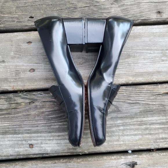 Vintage 90s 00s Square Toe Chunky Heel Black Leather Penny Loafers by Ralph Lauren - Image 3