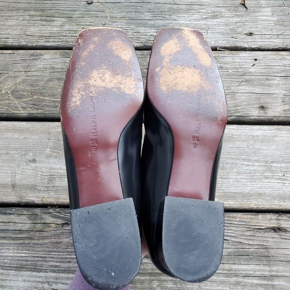Vintage 90s 00s Square Toe Chunky Heel Black Leather Penny Loafers by Ralph Lauren - Image 6
