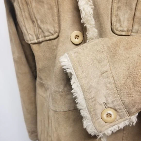Vintage 90s 00s Tan Suede Leather Faux Fur Lined Safari Jacket Xl by Wilsons Leather - Image 6