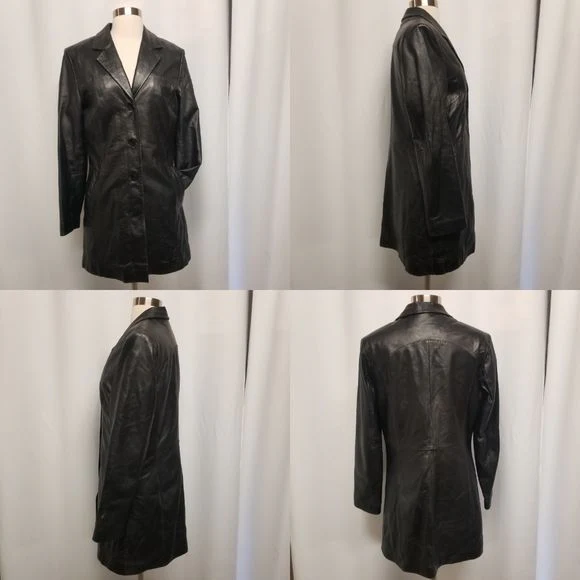 Vintage 90s 00s Wilsons Black Leather Insulated Midi Car Pea Coat Woman's by Wilsons Leather - Image 2