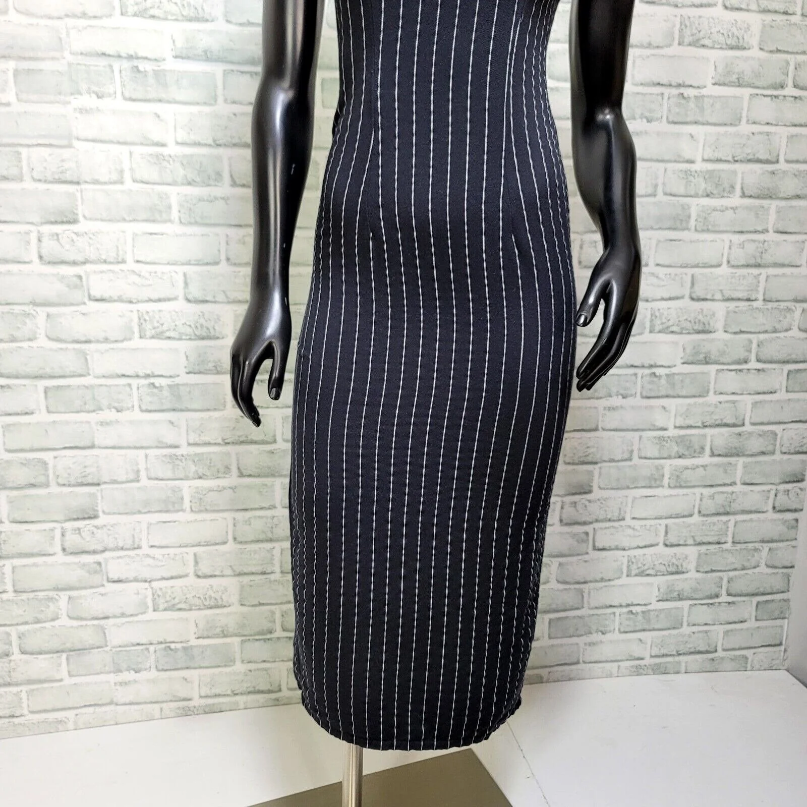 90s/00s Black Pinstriped Wiggle Tank Dress By Contempo Casual - Image 5