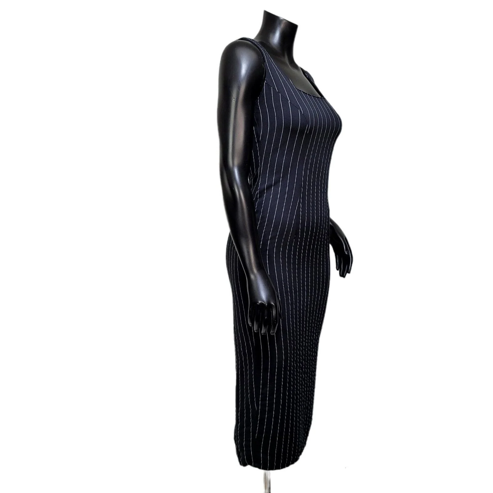 90s/00s Black Pinstriped Wiggle Tank Dress By Contempo Casual - Image 6