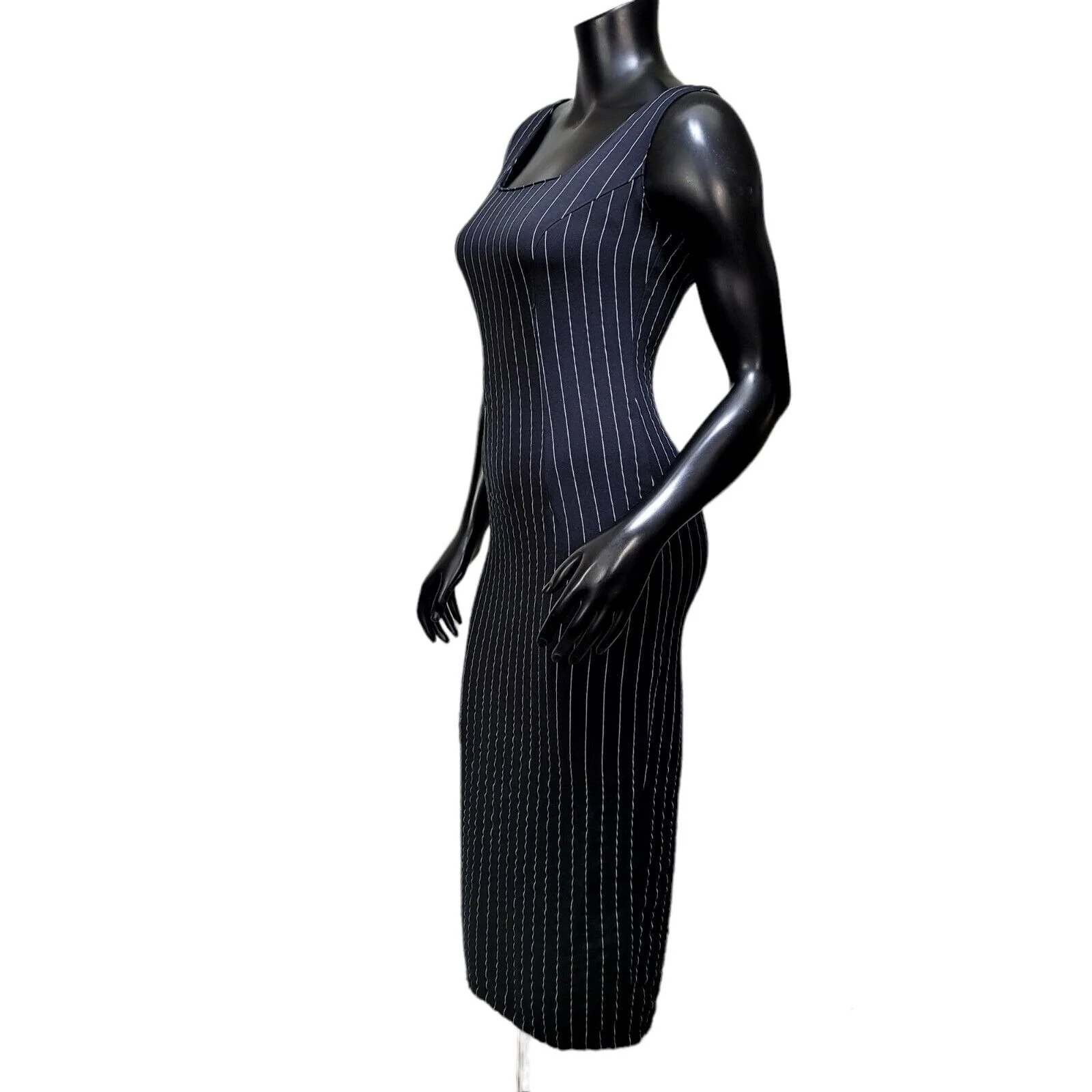 90s/00s Black Pinstriped Wiggle Tank Dress By Contempo Casual - Image 7