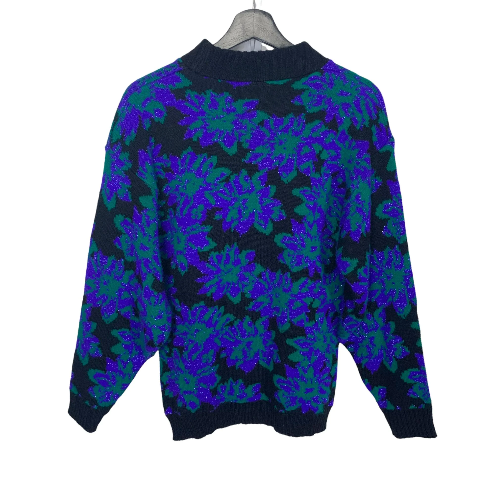 Vintage 90s Black Blue Floral Print High Neck Pull Over Sweater by Spunky - Image 2