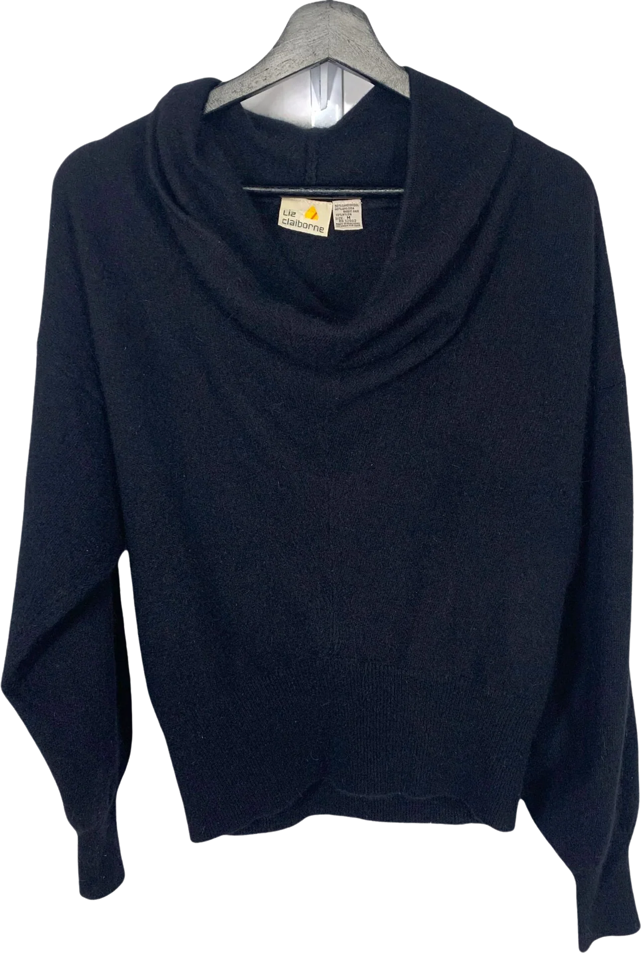 Vintage 90s Black Cowl Neck Lambswool Angora Blend Sweater Top Medium