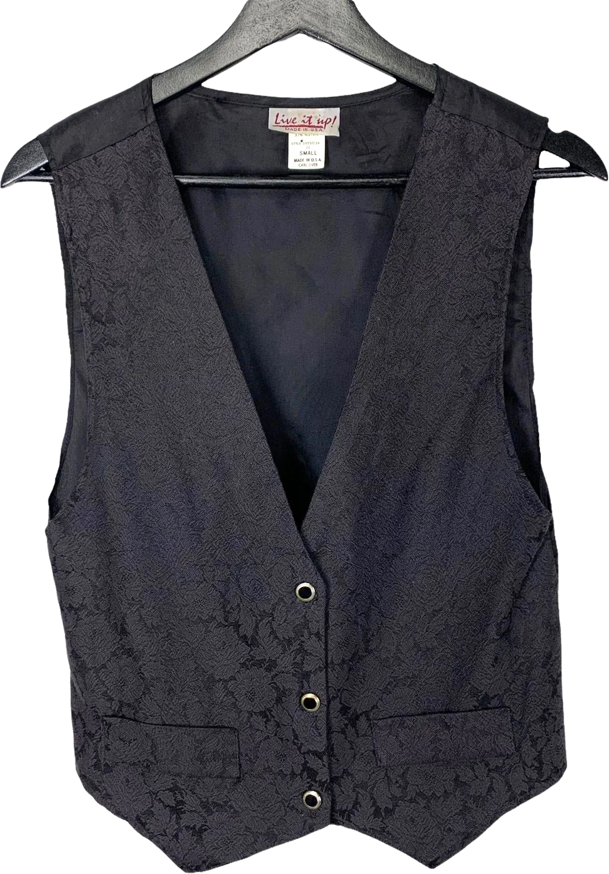 Vintage 90s Black Floral Brocade Button Up Vest by Live It Up