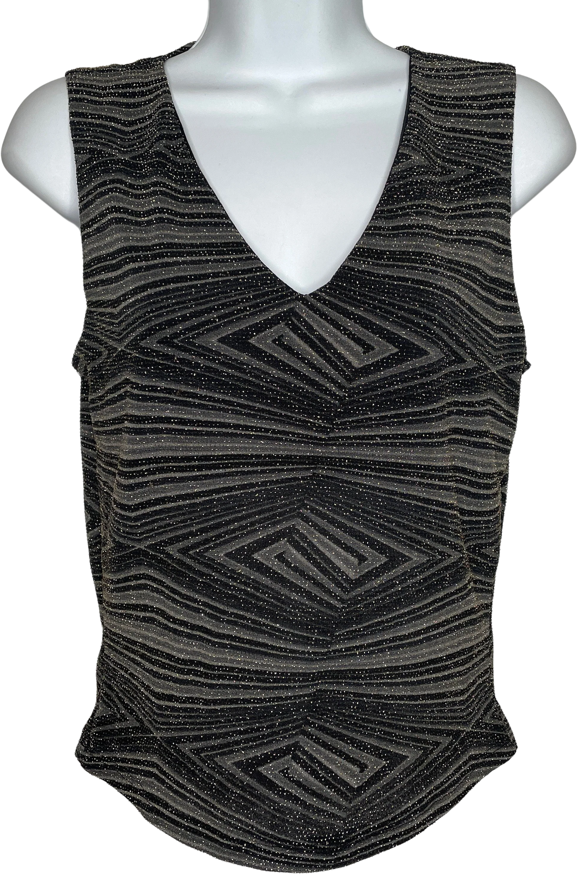 Vintage 90s Black Gray Geometric Metallic Sparkle Stretch Tank Top Size L by New Moine