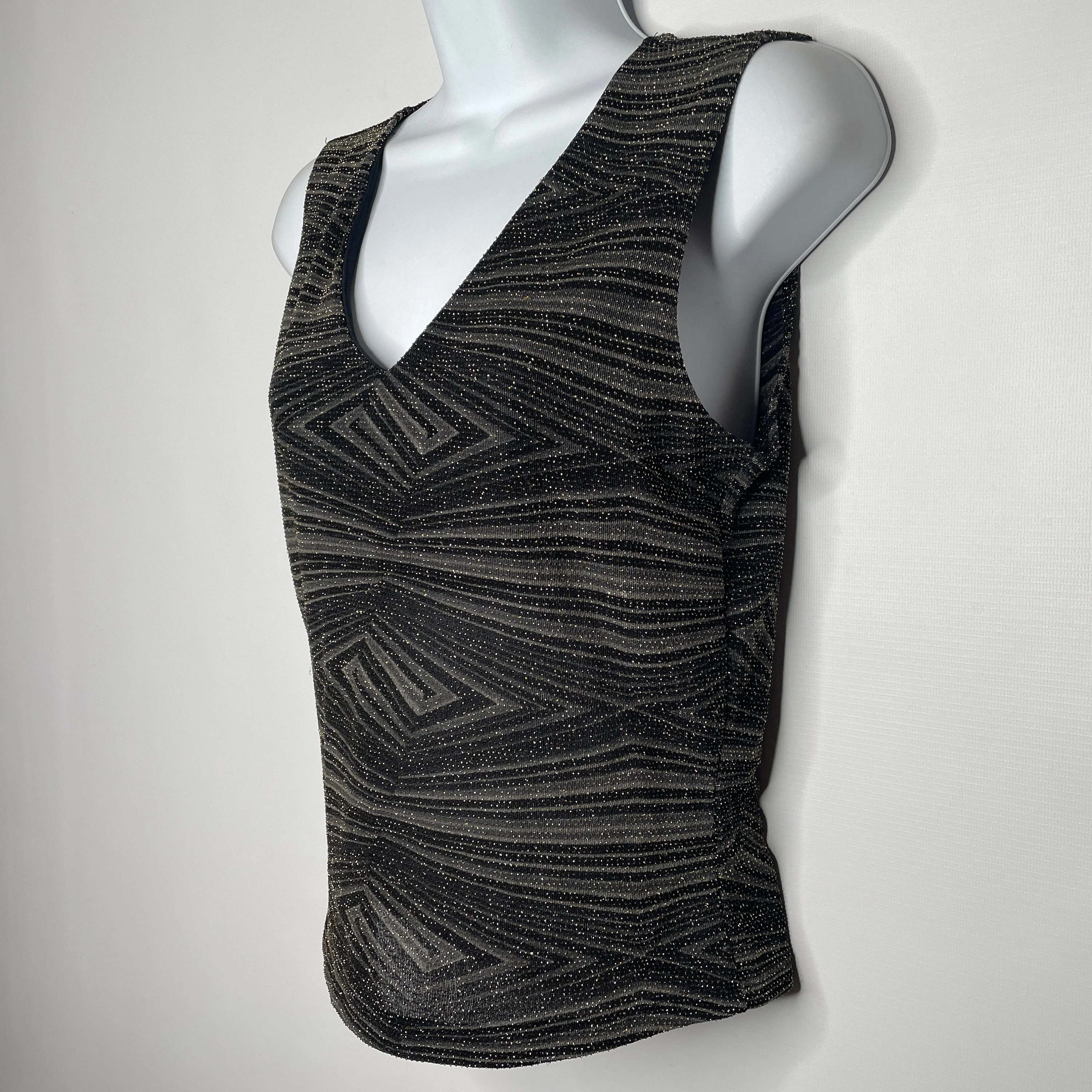 Vintage 90s Black Gray Geometric Metallic Sparkle Stretch Tank Top Size L by New Moine - Image 5