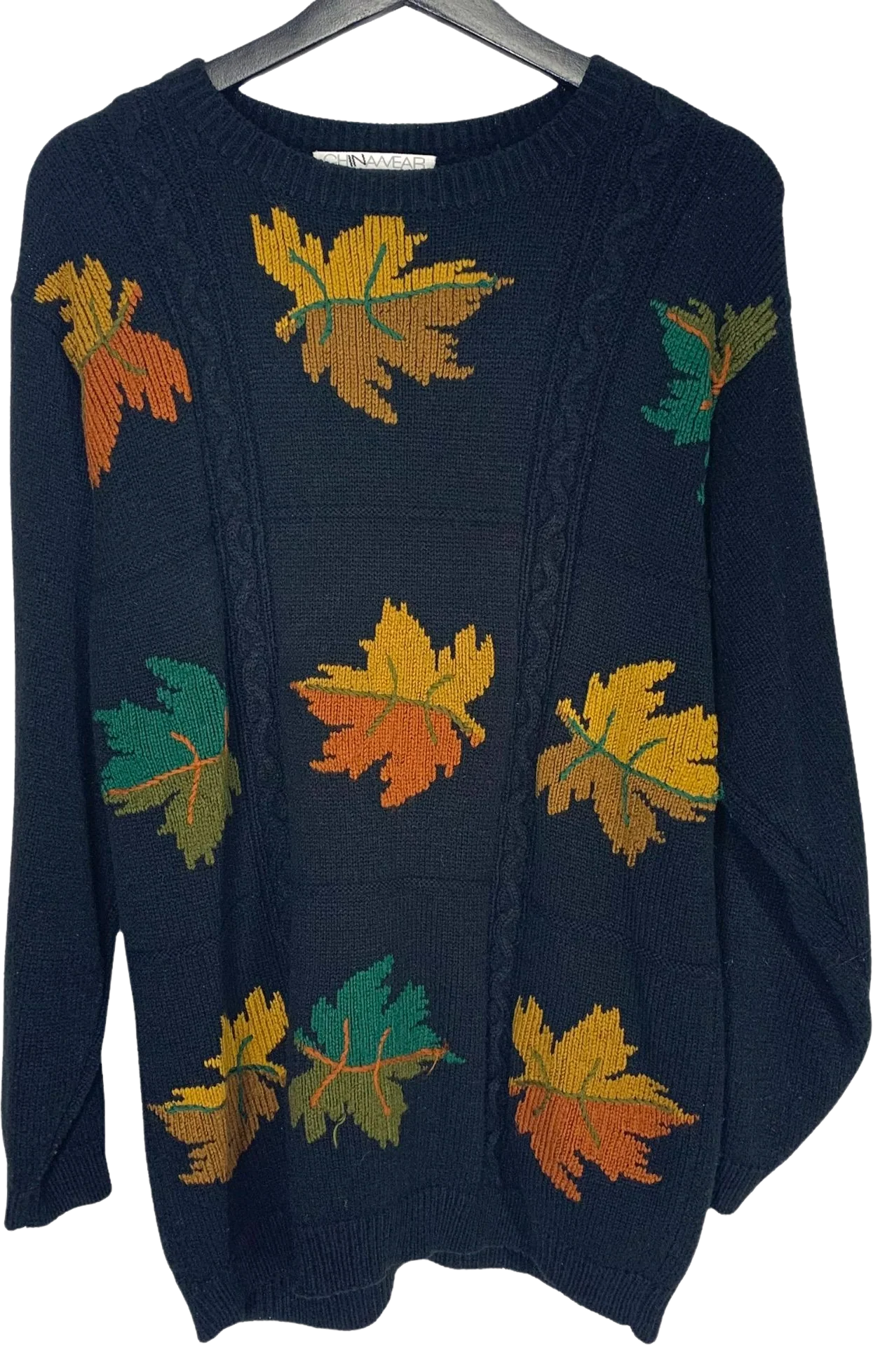 Vintage 90s Black Knit Autumn Leaves Pull Over Sweater by Chinawear