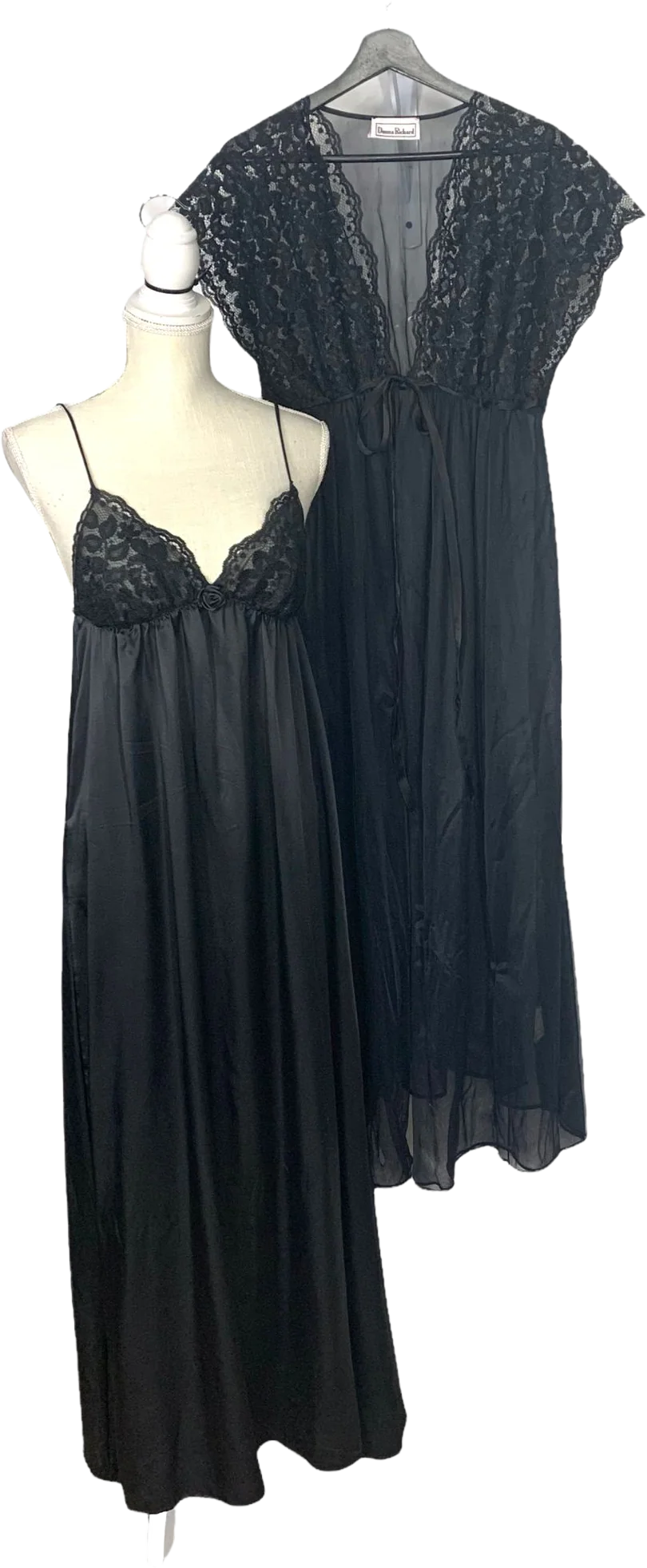 Vintage 90s Black Lace Nylon Full Length Chiffon Peignoir Set by Donna Richards