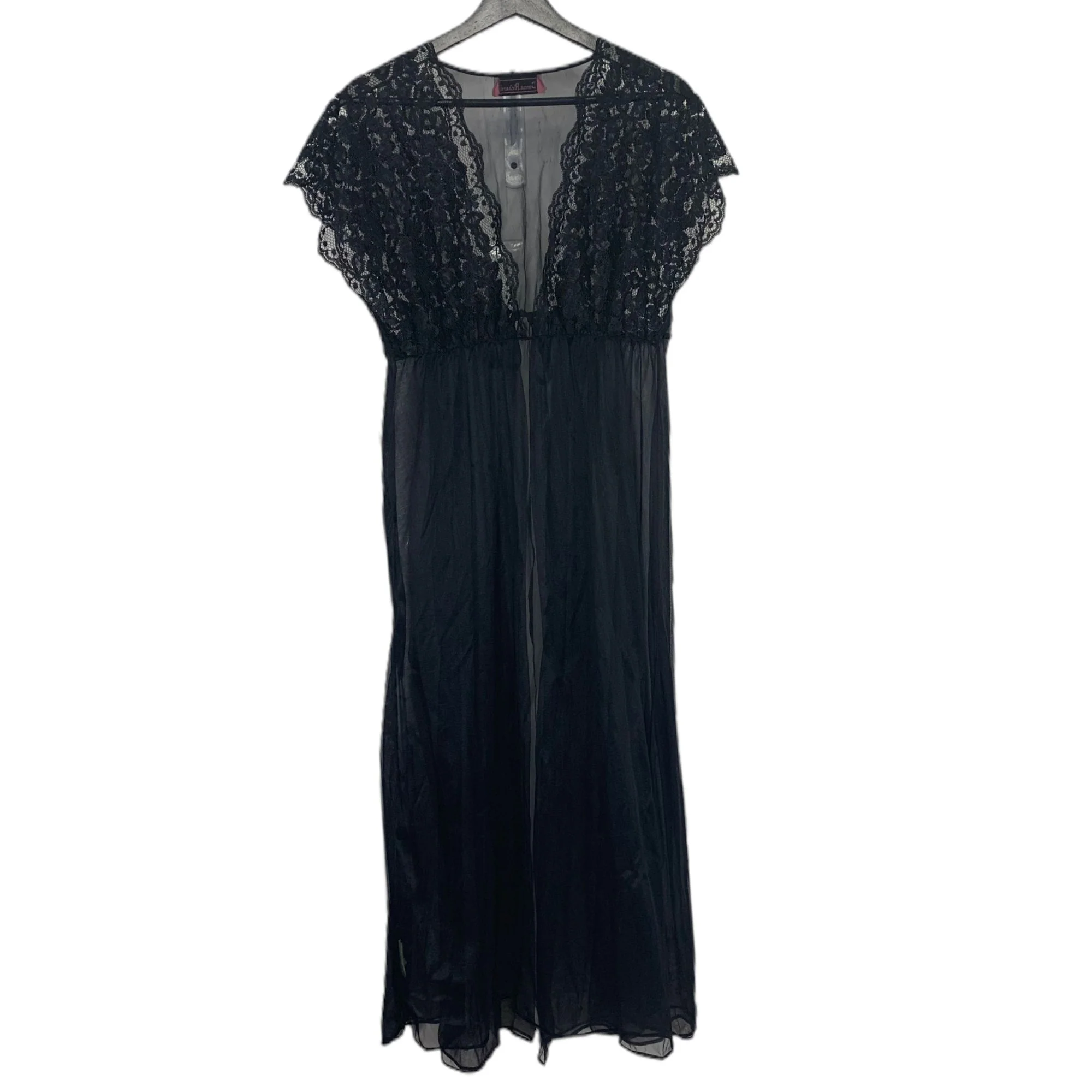 Vintage 90s Black Lace Nylon Full Length Chiffon Peignoir Set by Donna Richards - Image 4