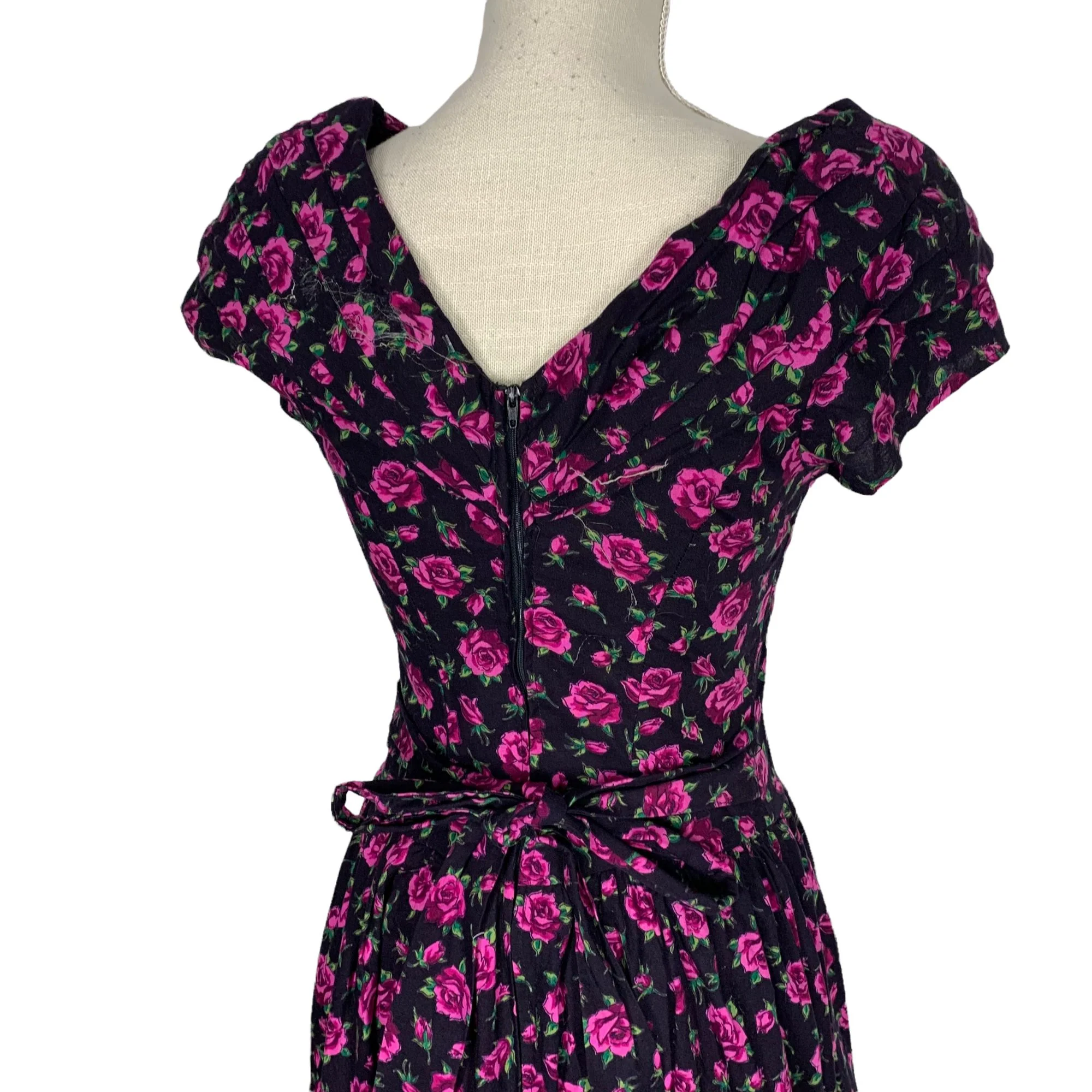 Vintage 90s Black Pink Floral Print Short Sleeve Fit Flare Midi Dress Medium - Image 8
