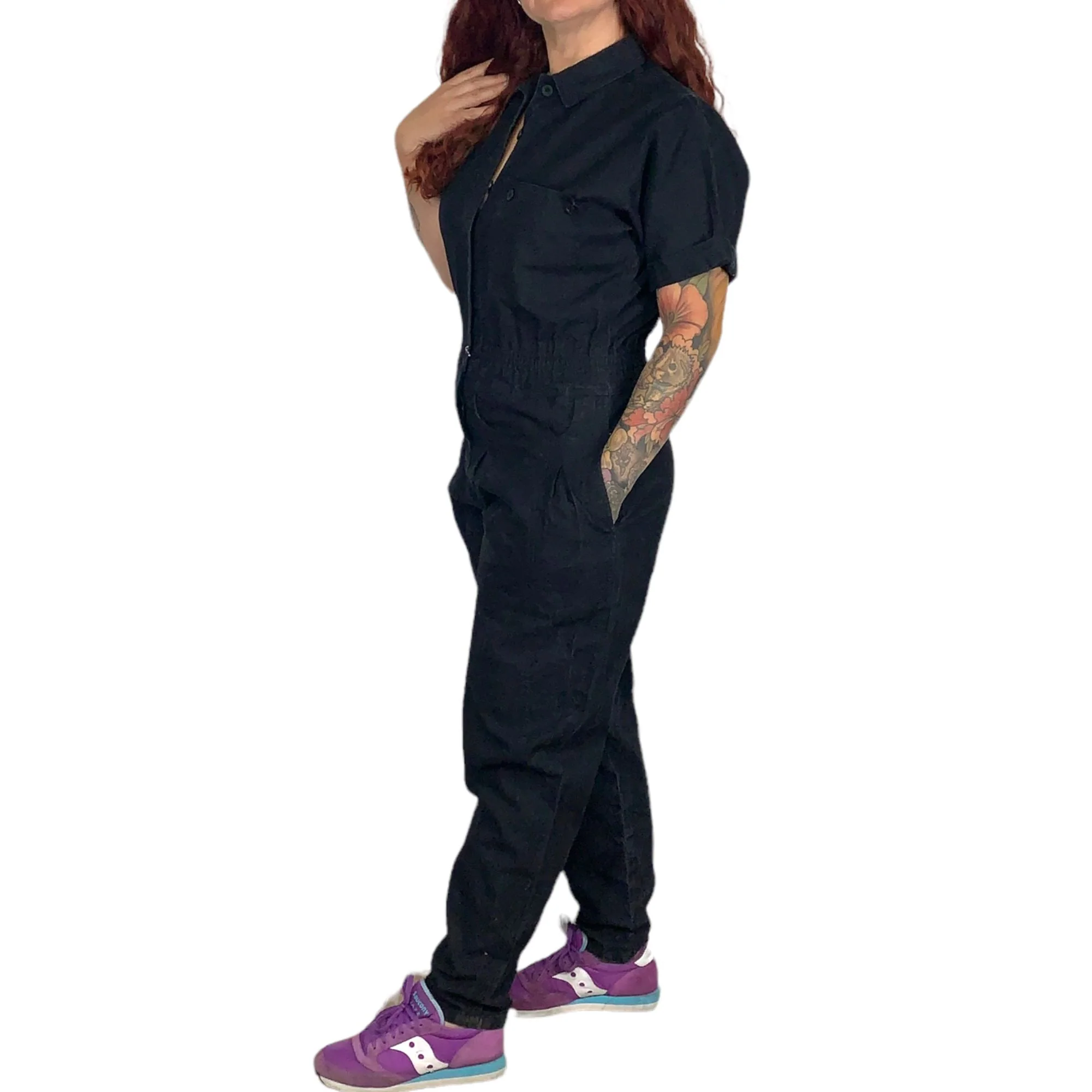 Vintage 90s Black Ramie Cotton Blend Short Sleeve Button Up Jumpsuit by Gitano - Image 3
