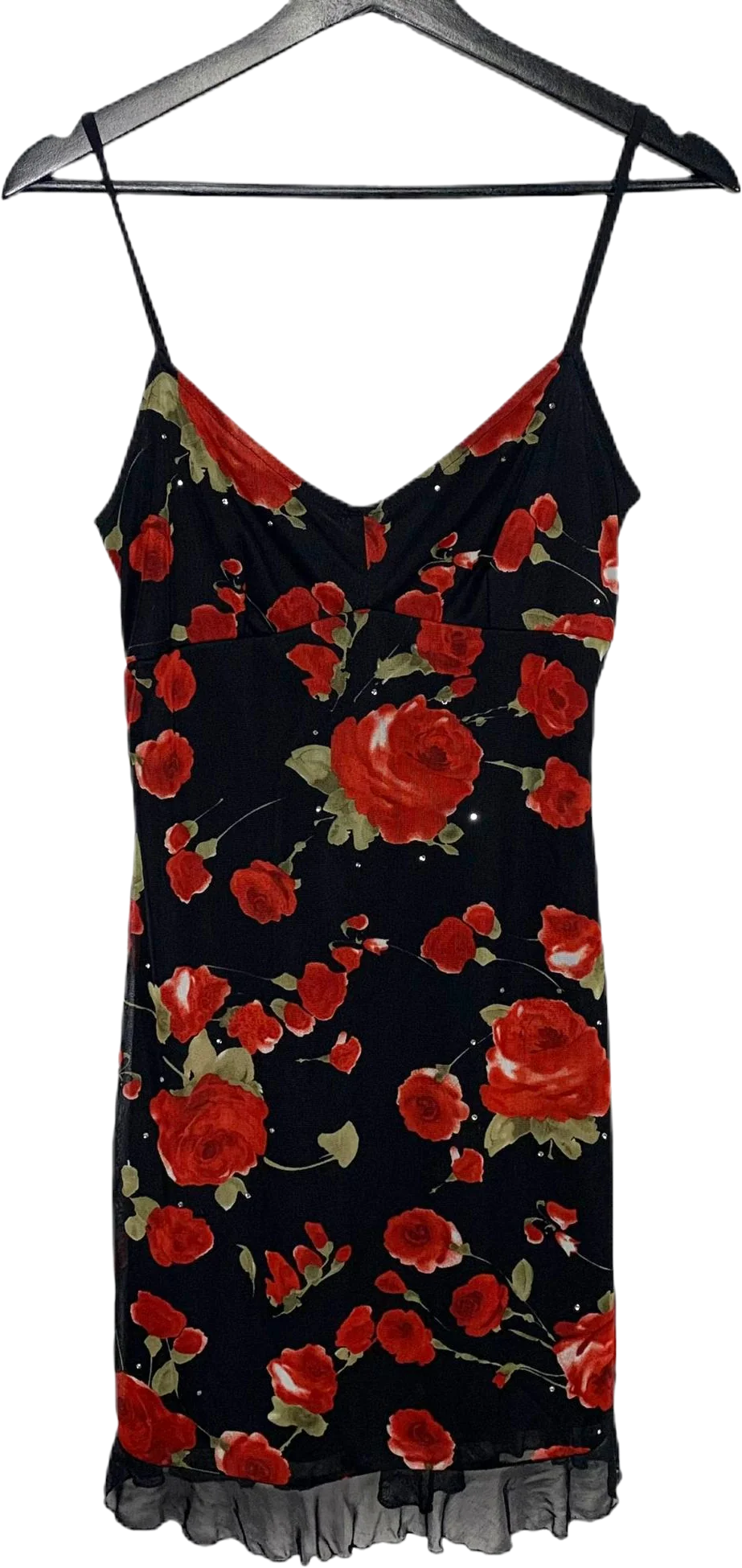 Vintage 90s Black Red Rose Spaghetti Strap Mini Bodycon Slip Dress by My Michelle