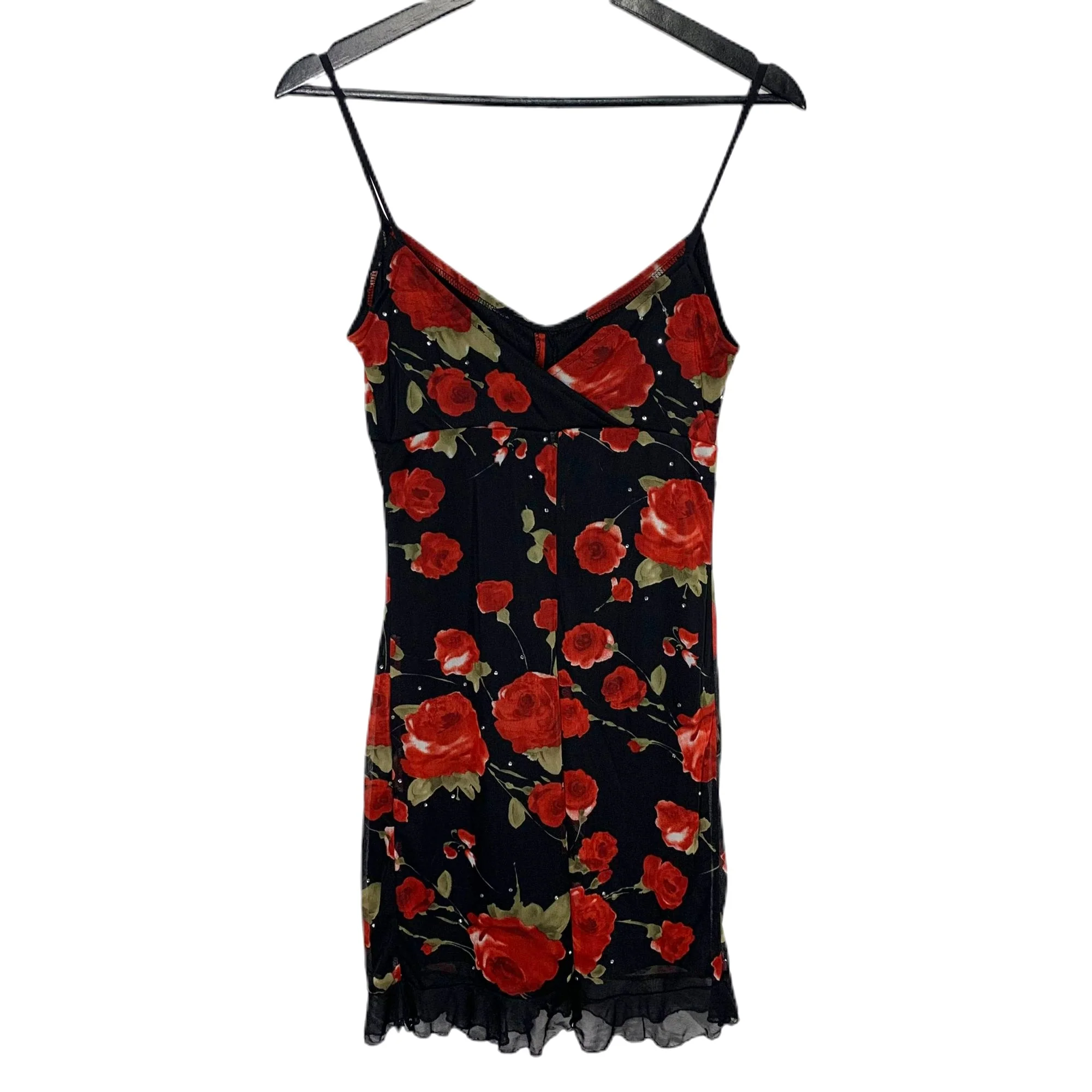 Vintage 90s Black Red Rose Spaghetti Strap Mini Bodycon Slip Dress by My Michelle - Image 4
