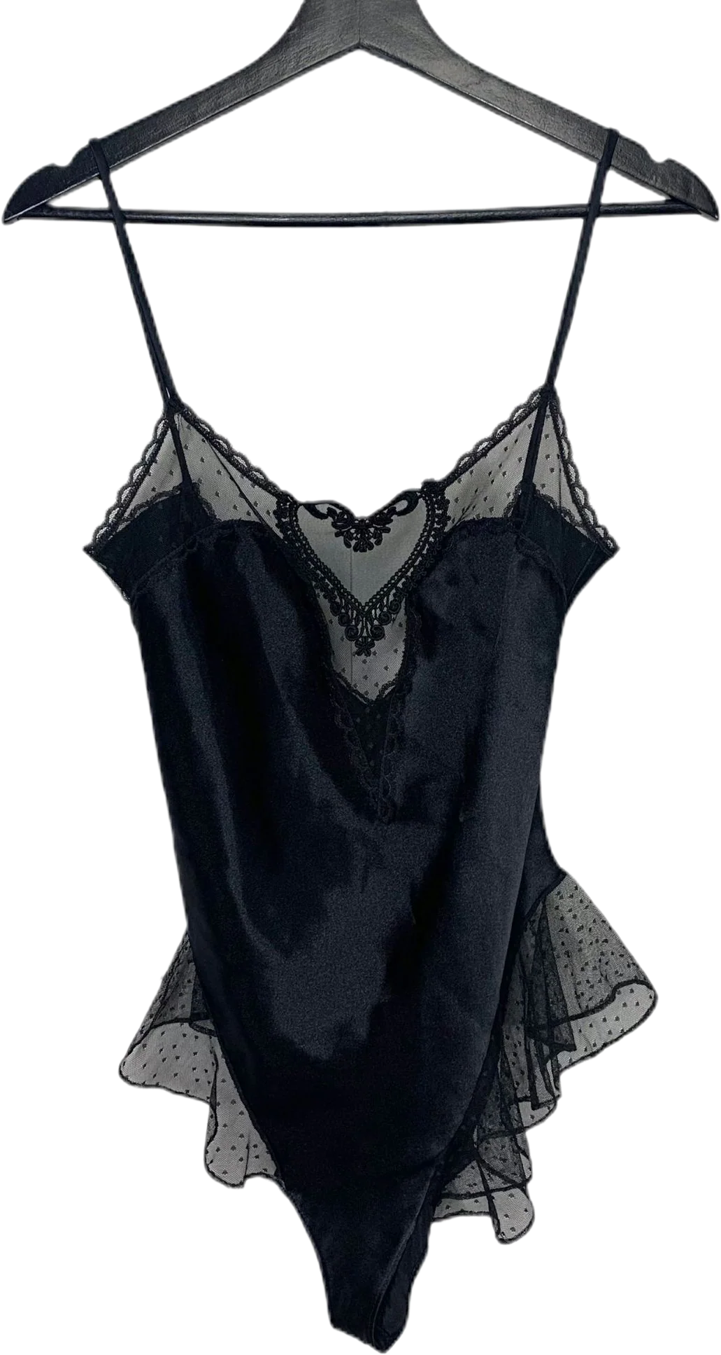 Vintage 90s Black Satin Sheer High Cut Negligee by Delicates